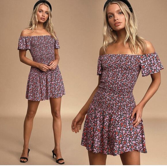 Lulus Dress Womens S Pink‎ Floral Smocked Off The Shoulder Mini Party - Picture 1 of 12